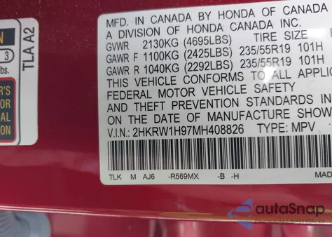 2021 Honda Cr-V 2Wd Touring z USA, uszkodzony, nr VIN 2HKRW1H97MH408826